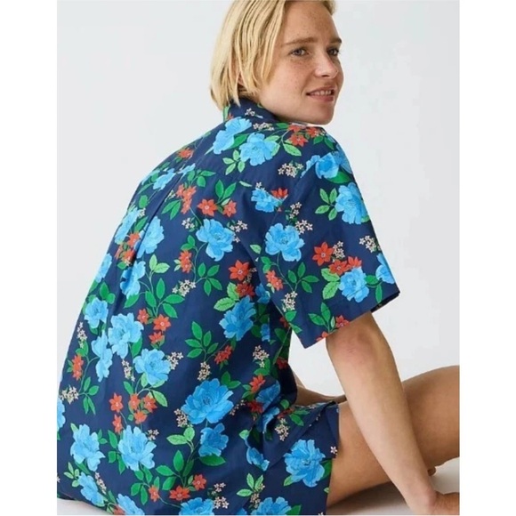 J.Crew Cotton Poplin Short Sleeve Button Up Shirt blue peony print Size Small - Picture 2 of 9